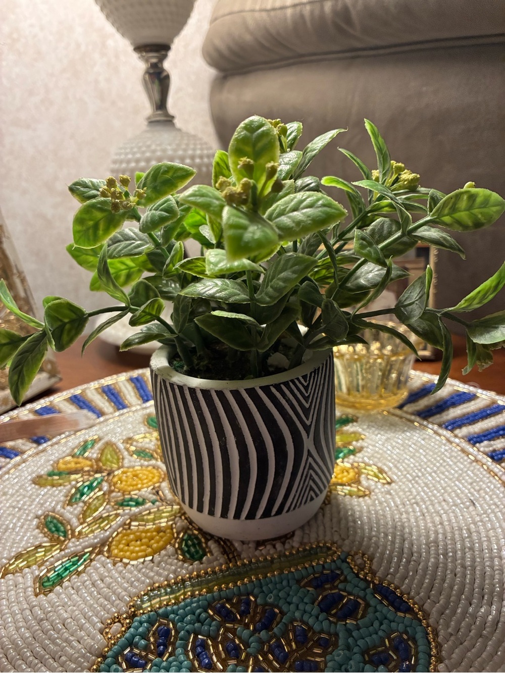 Black & White Striped Ceramic Planter with Lush Green Faux Plant